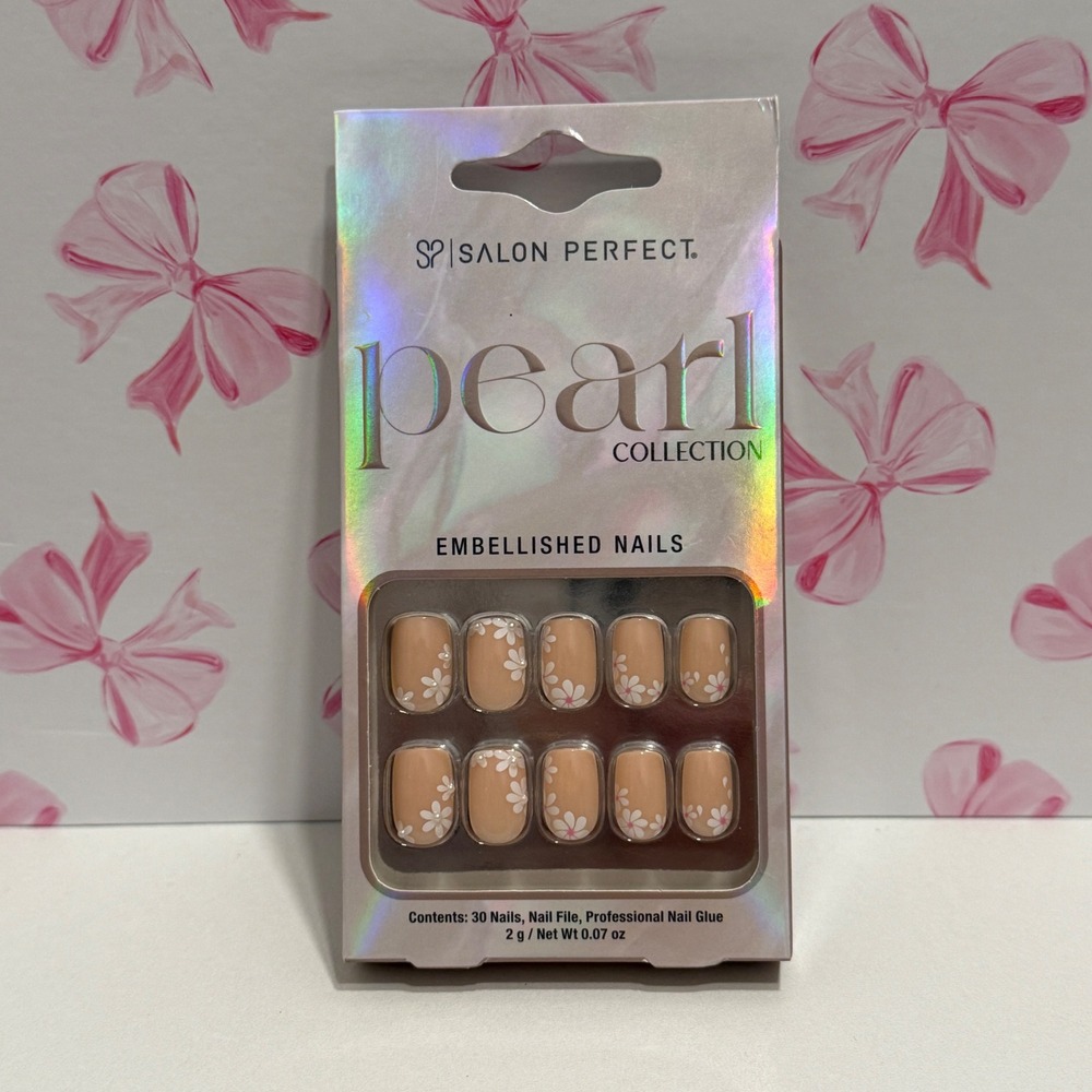 Salon Perfect Pearl Collection Embellished Nails Nude White‎ Floral 30ct New
